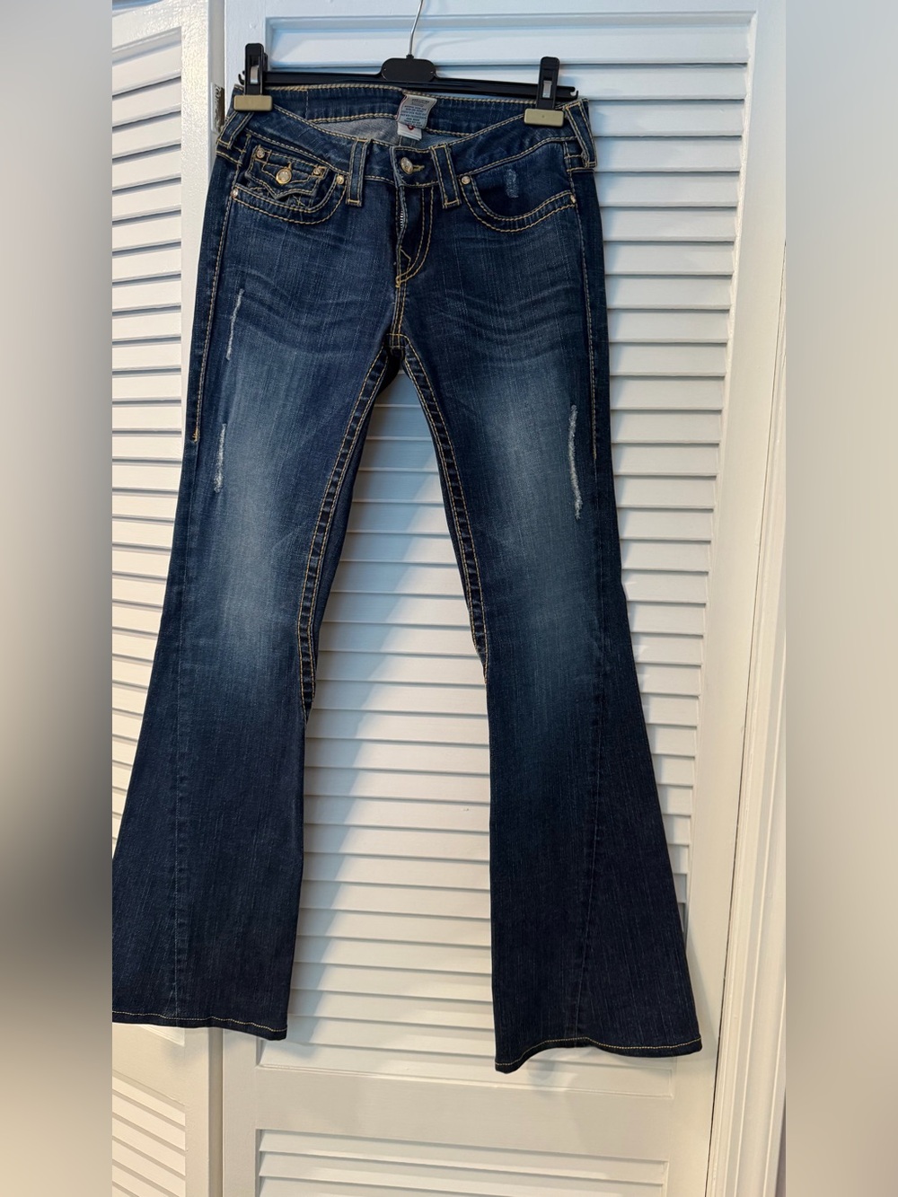 Y2K True Religion Dark Blue Flare Jeans with Contrast Stitching